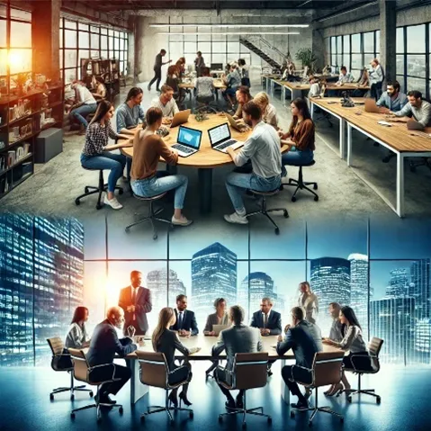 Two contrasting business environments: a collaborative workspace with casual team discussions in a creative office setting above, and a formal corporate board meeting with executives in a high-rise office below