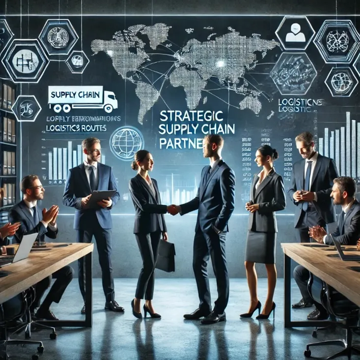 Business professionals in a modern conference room shaking hands, with a digital map and supply chain graphics projected behind them, illustrating a strategic partnership in logistics and supply chain management.